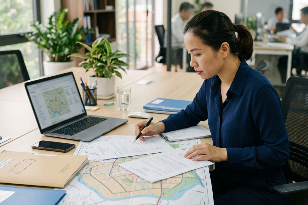 Bàn làm việc với hồ sơ bất động sản, bản đồ và các tài liệu được sắp xếp để người mua rà soát thông tin trước giao dịch.