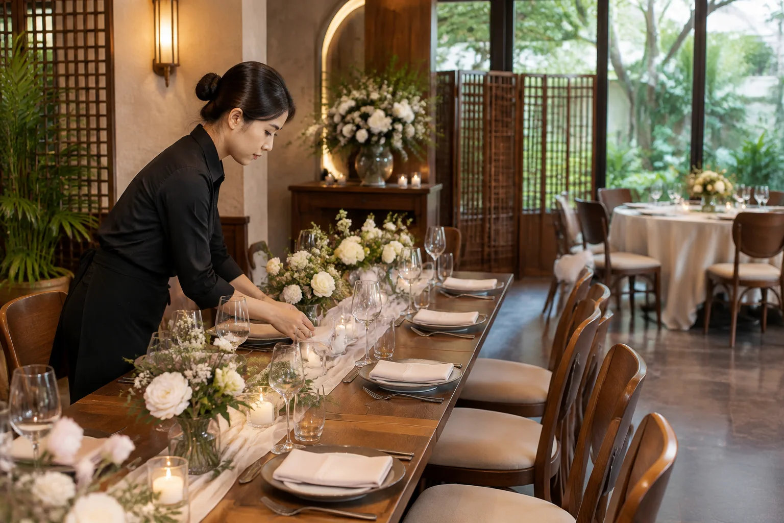 Nhân viên nhà hàng Việt Nam đang chuẩn bị khu vực bàn tiệc riêng với cách sắp xếp ghế và không gian phù hợp cho một lễ cưới thân mật, thể hiện sự chú ý đến trải nghiệm và sự riêng
