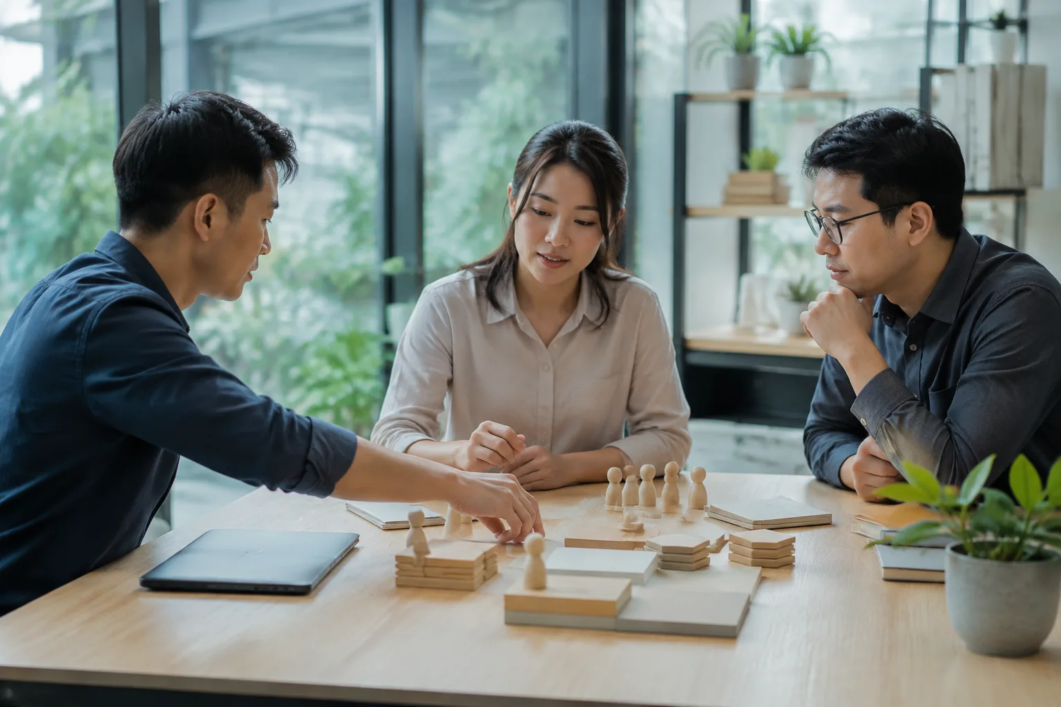 Nhân sự doanh nghiệp Việt Nam cùng chuyên viên tư vấn trao đổi về việc sắp xếp thông tin dịch vụ trong không gian làm việc, thể hiện quá trình chuẩn bị nội dung và cấu trúc trước k