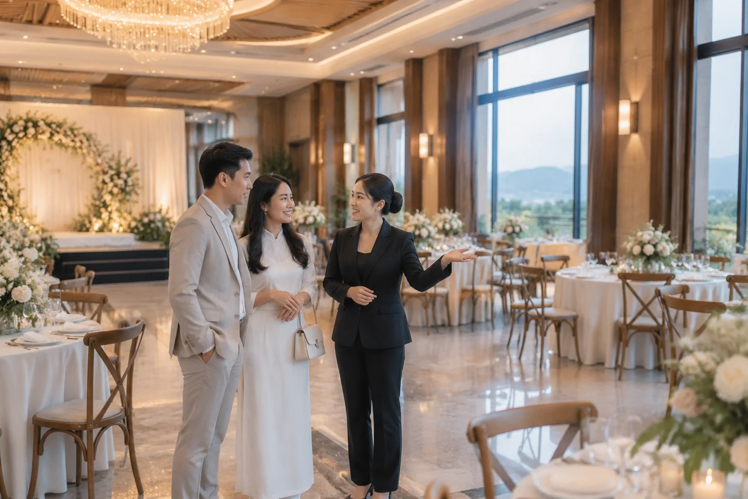 Không gian sảnh tiệc cưới tại nhà hàng Việt Nam được nhìn từ góc chéo với cô dâu chú rể đang đứng trao đổi cùng nhân viên trang trí về sự kết hợp giữa phong cách mong muốn và kiến