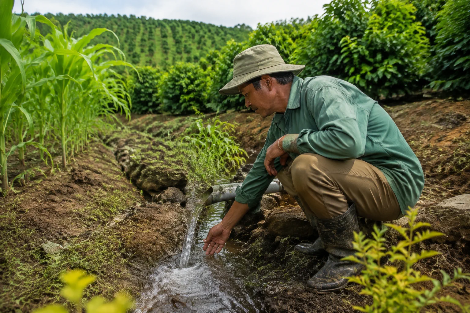 Người làm nông nghiệp tại Đắk Nông kiểm tra nguồn nước và điều kiện vận hành khu đất bằng cách quan sát hệ thống tưới tiêu đơn giản giữa vườn cây, tập trung vào các yếu tố thực tế