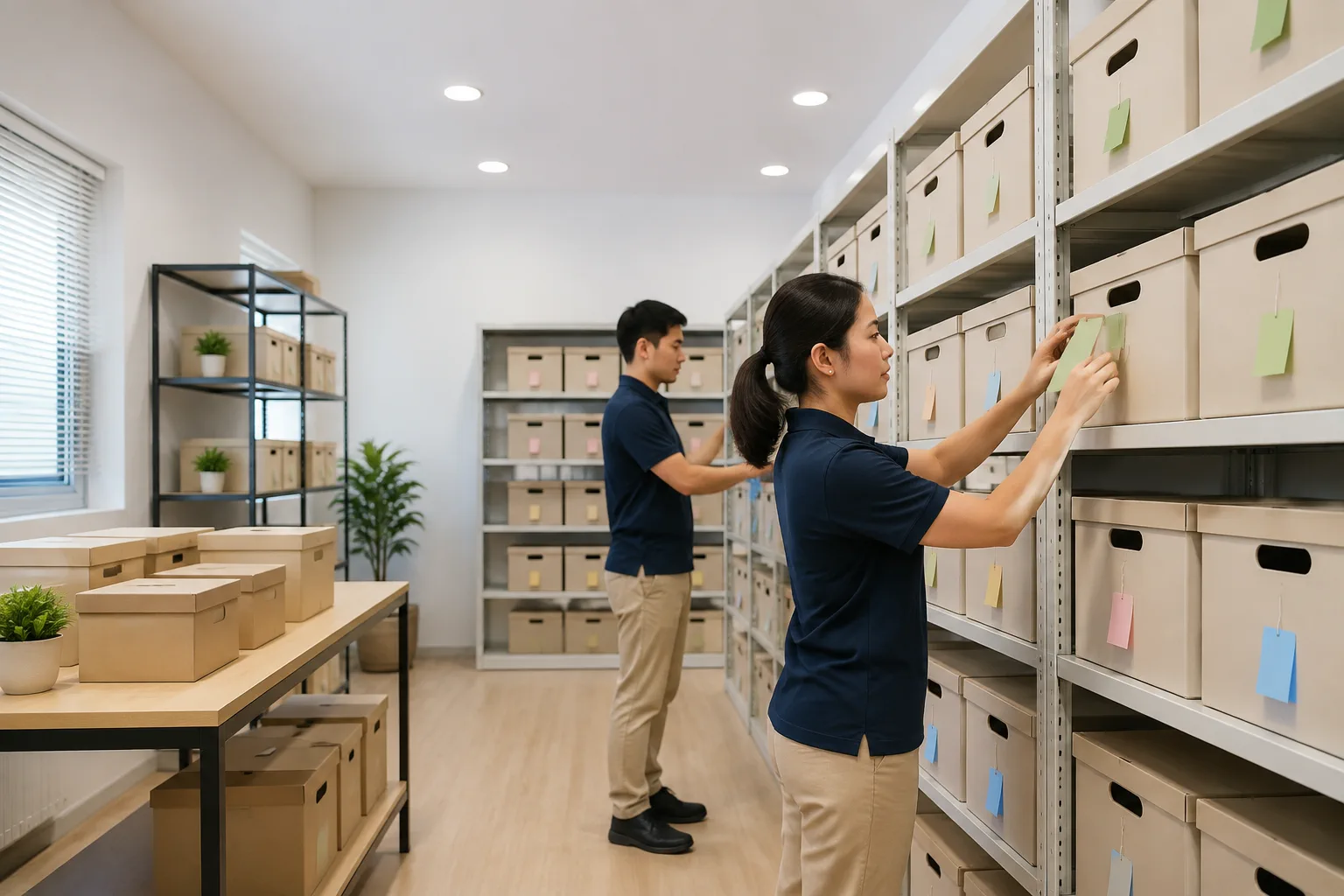 Nhân viên của doanh nghiệp Việt Nam sắp xếp các hộp lưu trữ theo mã màu riêng biệt trên kệ, minh họa cho nguyên tắc phân nhóm và tổ chức dữ liệu rõ ràng trước khi đưa lên website.