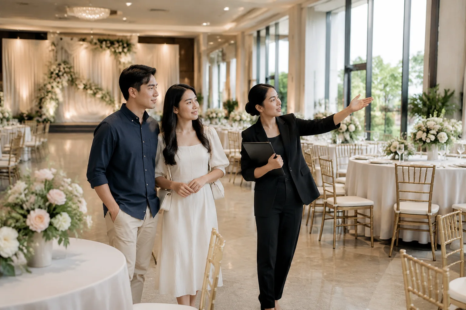 Cặp đôi Việt Nam đang cùng chuyên viên trang trí quan sát không gian tiệc cưới thực tế và trao đổi ý tưởng bố trí khu vực bàn tiệc, thể hiện quá trình thống nhất concept trước khi