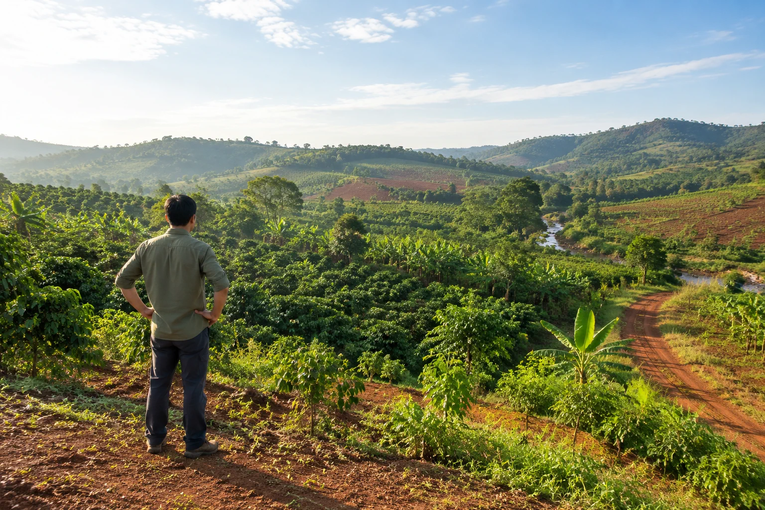 Toàn cảnh một khu đất rẫy tại Đắk Nông được quan sát để đánh giá khả năng làm farm với địa hình đồi thoải, cây trồng bản địa và lối tiếp cận thực tế