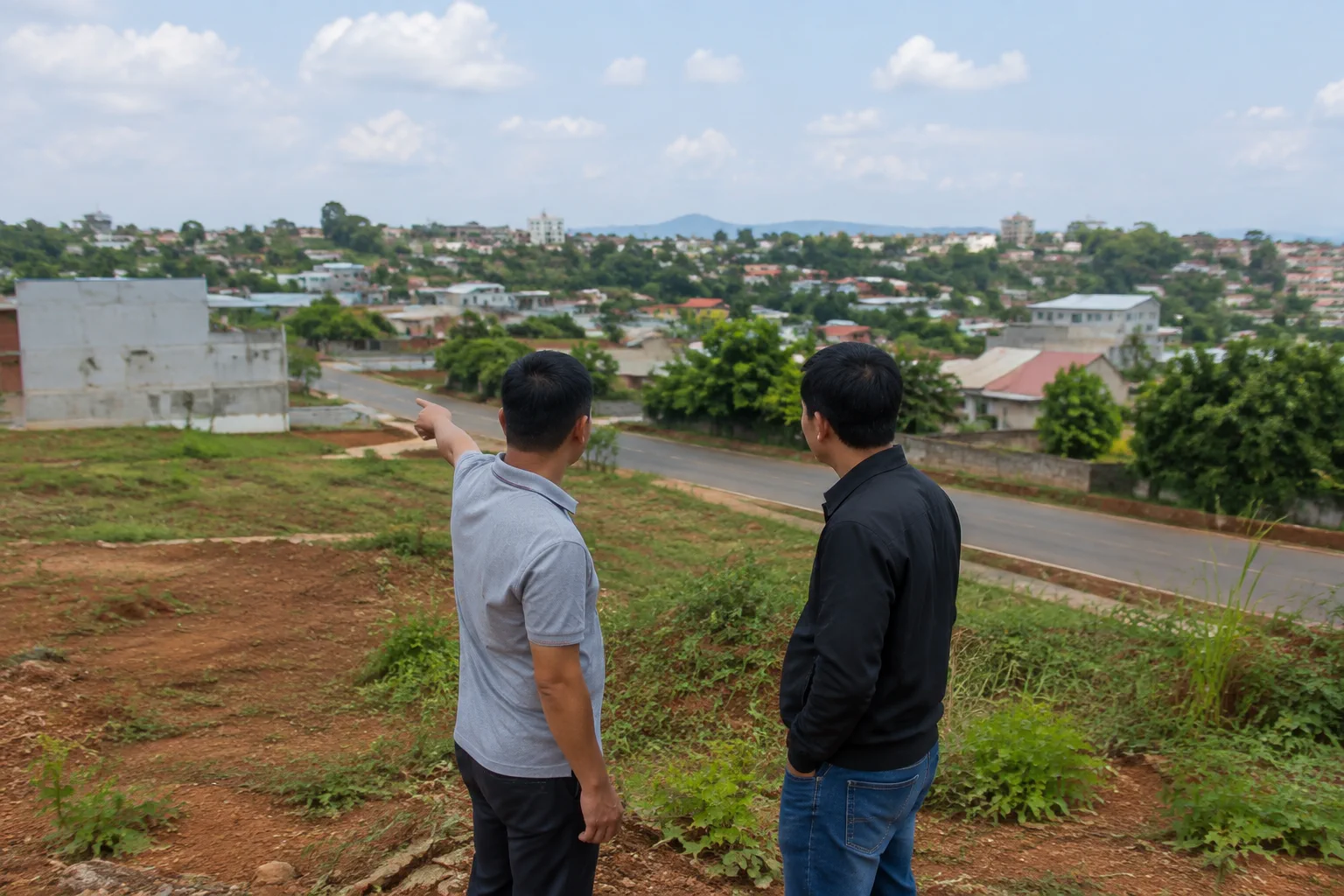Người mua và chuyên gia tư vấn quan sát khu vực nhà đất tại Gia Nghĩa từ một góc nhìn tổng thể, tập trung trao đổi về cách đánh giá thông tin ban đầu trước khi kiểm tra chi tiết tà