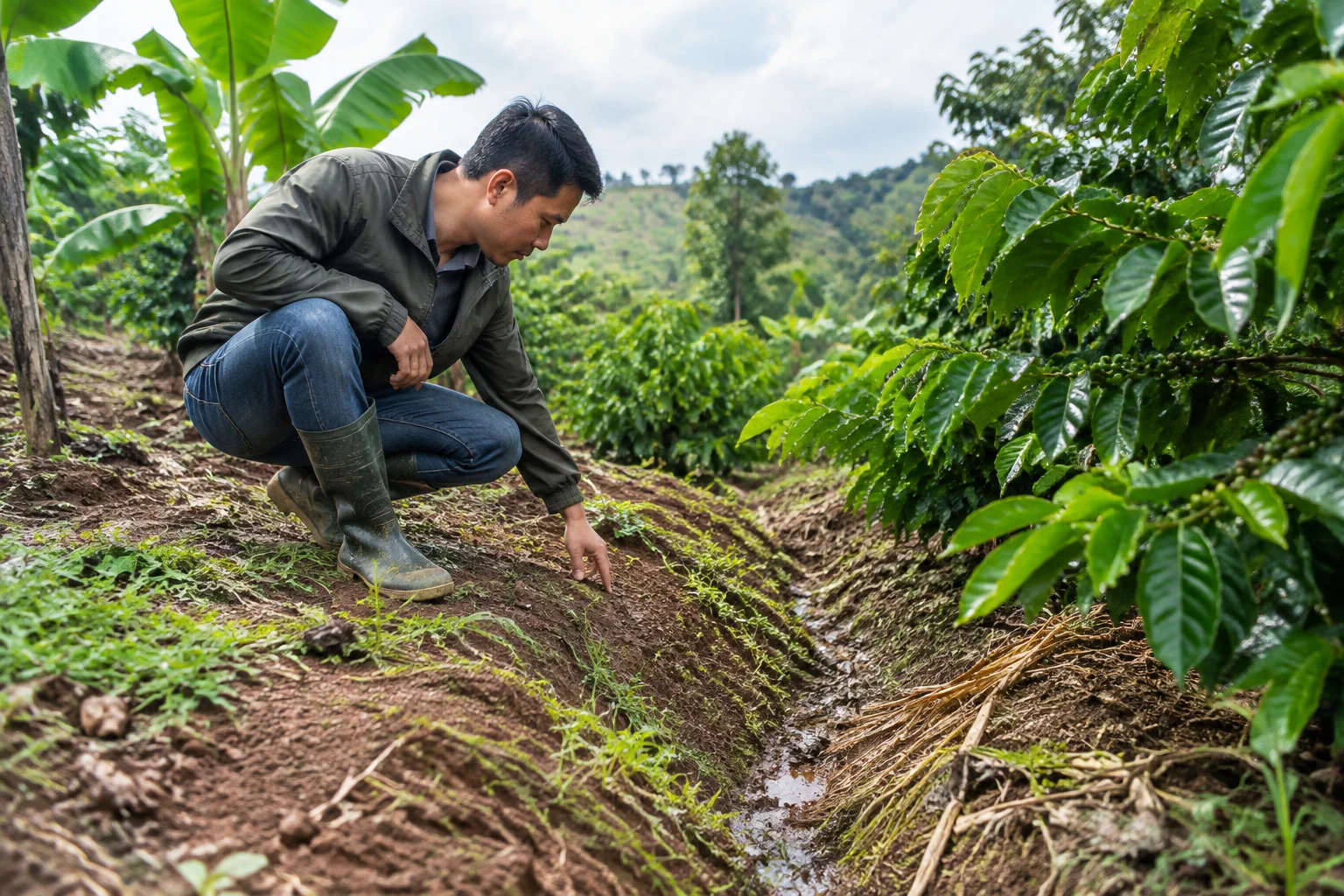 Người khảo sát kiểm tra điều kiện thực tế của đất farm Đắk Nông bằng cách quan sát hệ thống lối đi, khu vực cây trồng và địa hình trong khu đất với góc nhìn chi tiết từ bên trong t