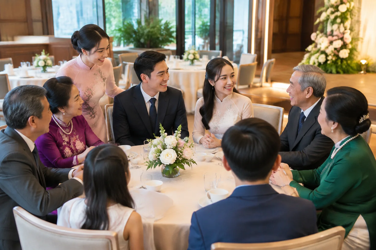 Gia đình hai bên trao đổi cùng nhau trong không gian dùng tiệc cưới tại nhà hàng Việt Nam, thể hiện việc kết nối và sắp xếp trải nghiệm cho nhiều thành viên tham dự.