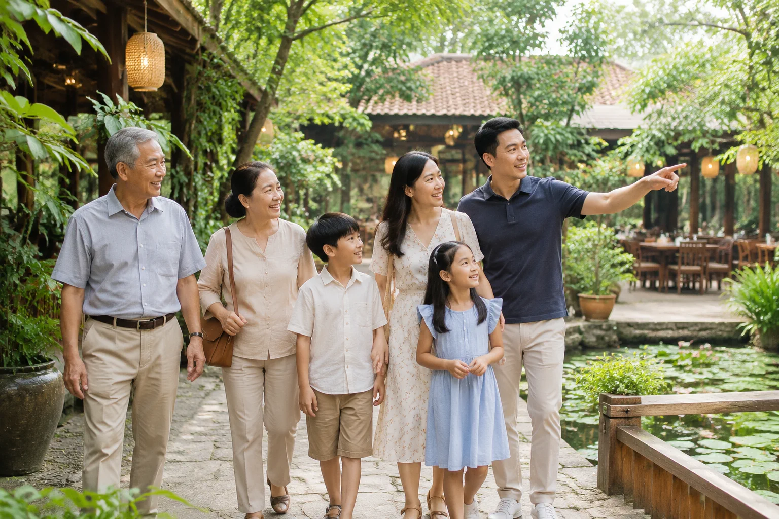 Gia đình nhiều thế hệ Việt Nam cùng nhau quan sát không gian nhà hàng ngoài trời trước buổi lễ kỷ niệm, thể hiện quá trình lựa chọn địa điểm phù hợp cho một dịp gặp mặt gia đình.