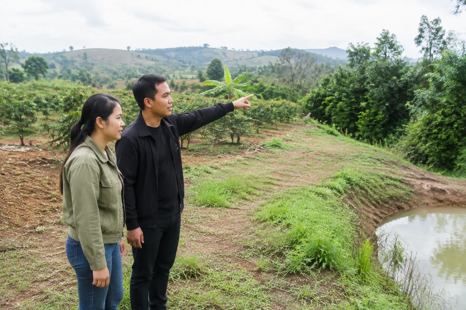 Người mua cùng chuyên viên hỗ trợ khảo sát hiện trạng một khu đất farm tại Đắk Nông bằng cách quan sát nguồn nước, cây trồng và điều kiện sử dụng thực tế ngoài trời.
