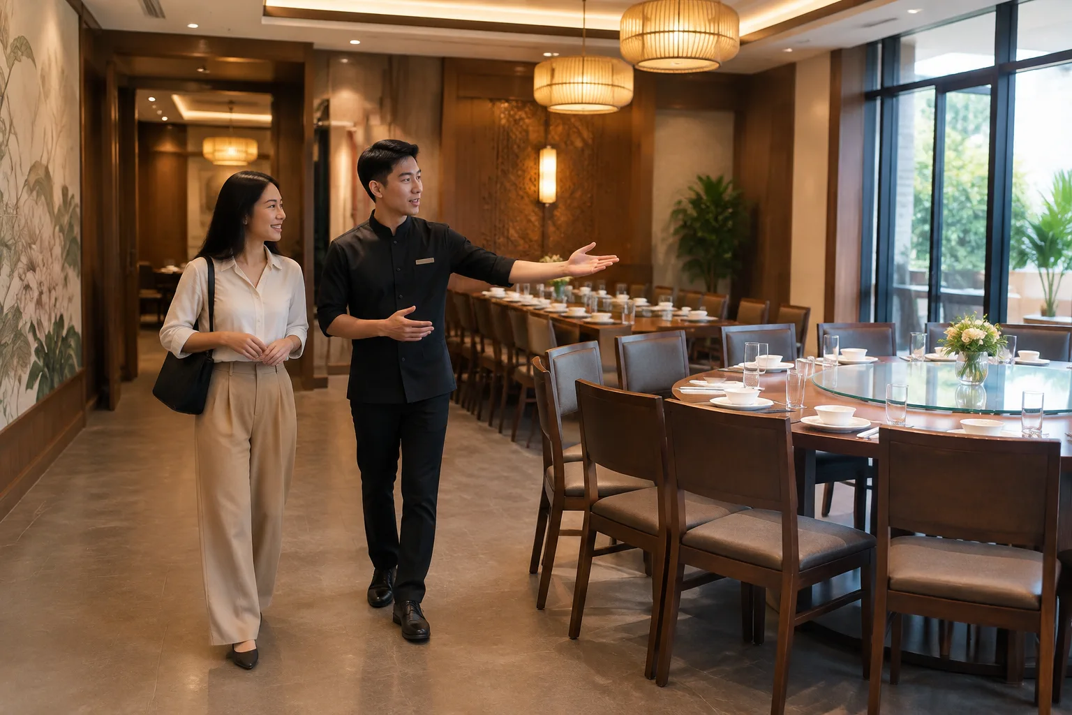 Nhân viên nhà hàng Việt Nam và khách hàng đang trao đổi ý tưởng bố trí tiệc sinh nhật trong không gian riêng, cùng quan sát khu vực tổ chức và thảo luận cách sắp xếp phù hợp.
