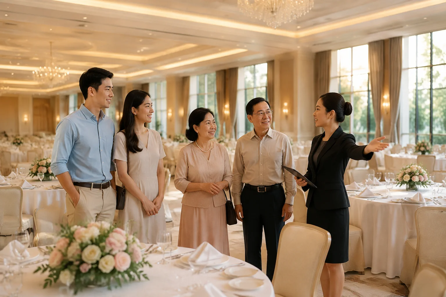 Cặp đôi và gia đình đang khảo sát không gian sảnh tiệc cưới tại nhà hàng Việt Nam, nhân viên tư vấn đứng cạnh giải thích bố cục bàn tiệc