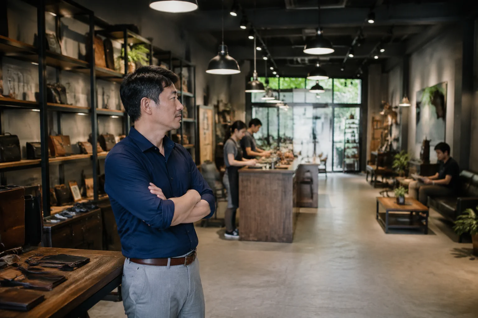 Góc nhìn rộng trong một cửa hàng dịch vụ nhỏ tại Việt Nam, chủ doanh nghiệp đang quan sát cách khách hàng di chuyển và tìm kiếm thông tin trong không gian thực tế, thể hiện việc đá
