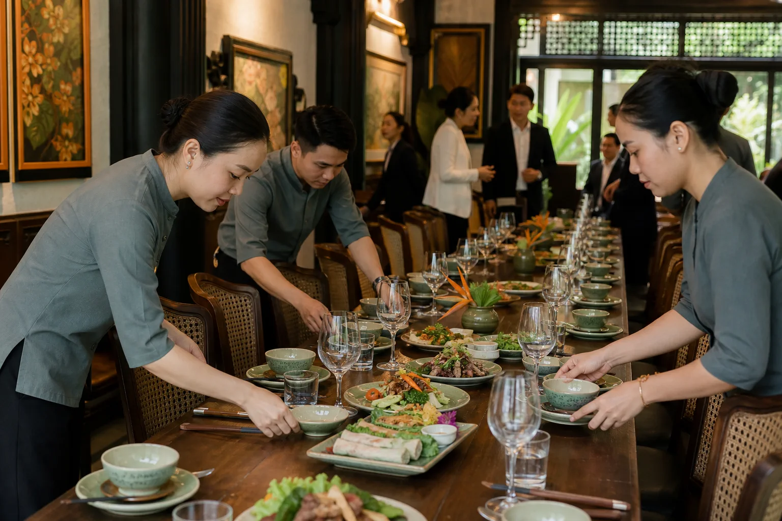 Nhân viên phục vụ nhà hàng Việt Nam đang chuẩn bị món ăn trên bàn tiệc cho một buổi gặp gỡ doanh nghiệp nhỏ, thể hiện sự phối hợp giữa phục vụ món và lịch trình chương trình.