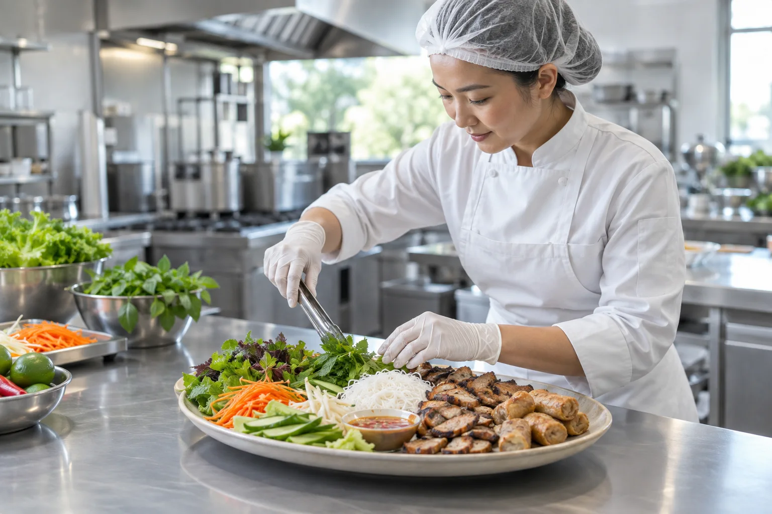 Đầu bếp nhà hàng trong trang phục gọn gàng đang cẩn thận chuẩn bị các nguyên liệu tươi sạch tại khu vực bếp, minh họa cho tiêu chuẩn vệ sinh an toàn thực phẩm khi phục vụ số lượng