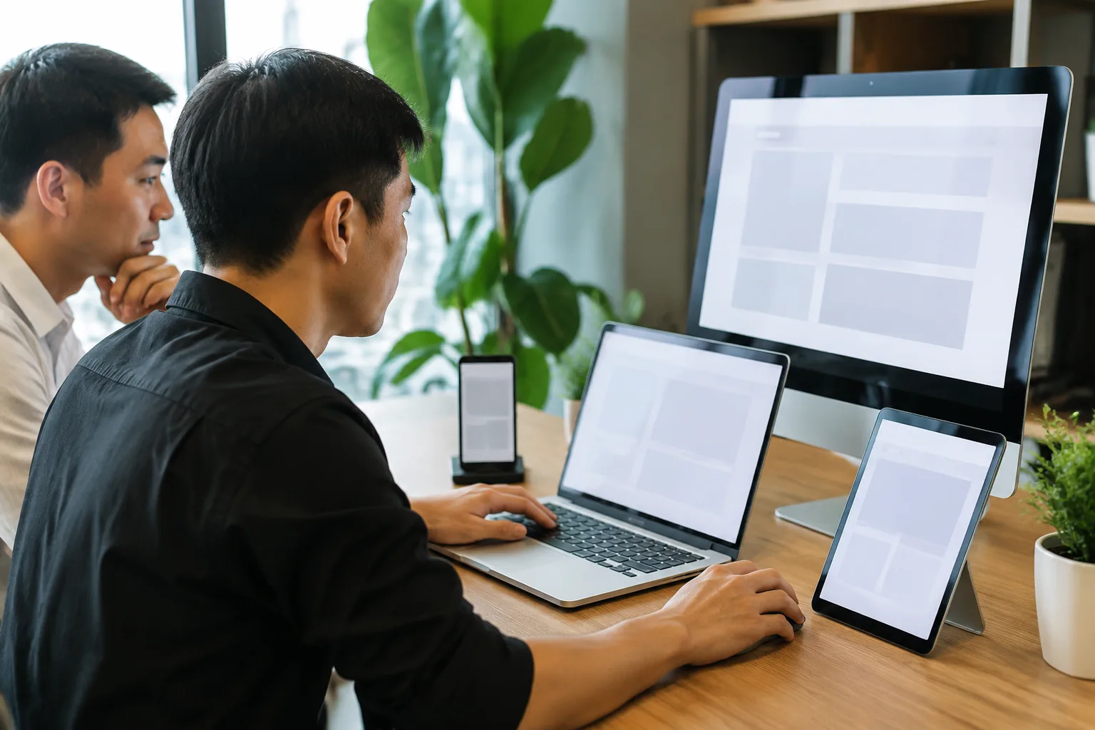 Nhân viên doanh nghiệp Việt Nam kiểm tra trải nghiệm sử dụng website trên nhiều thiết bị trống nội dung trong khu vực làm việc, thể hiện việc đánh giá khả năng vận hành sau khi bàn