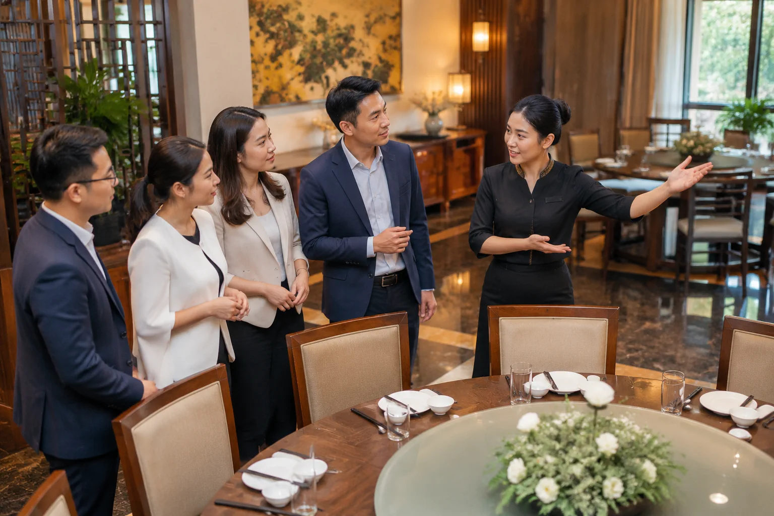 Nhóm nhân sự doanh nghiệp Việt Nam đang trao đổi với đại diện nhà hàng về cách sắp xếp chương trình ra mắt sản phẩm trong phòng ăn riêng, cùng quan sát vị trí bàn ghế và không gian