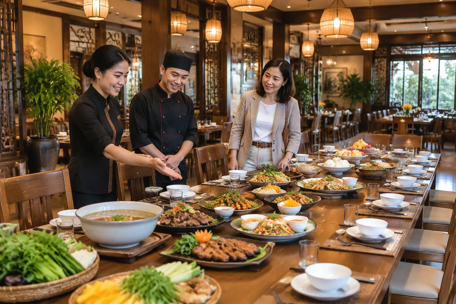 Bàn tiệc với đa dạng món ăn phù hợp cho đoàn du lịch, nhân viên nhà hàng giới thiệu thực đơn
