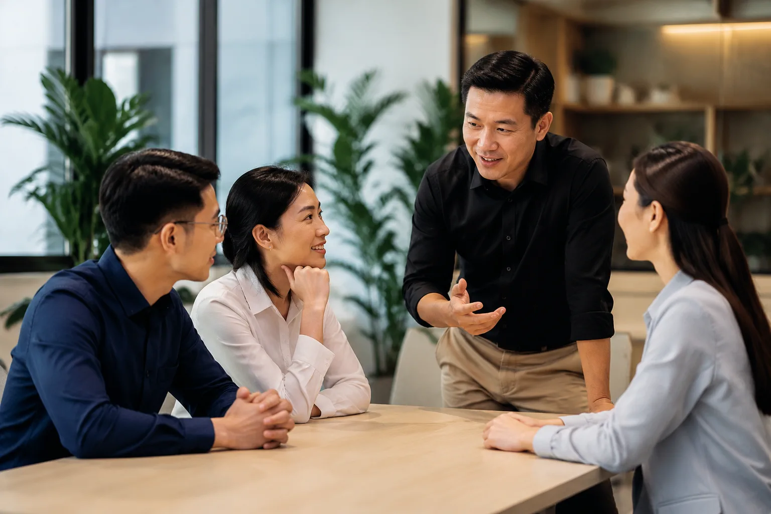 Chủ doanh nghiệp Việt Nam cùng đội ngũ trao đổi để đánh giá lại hướng phát triển website trong không gian văn phòng hiện đại