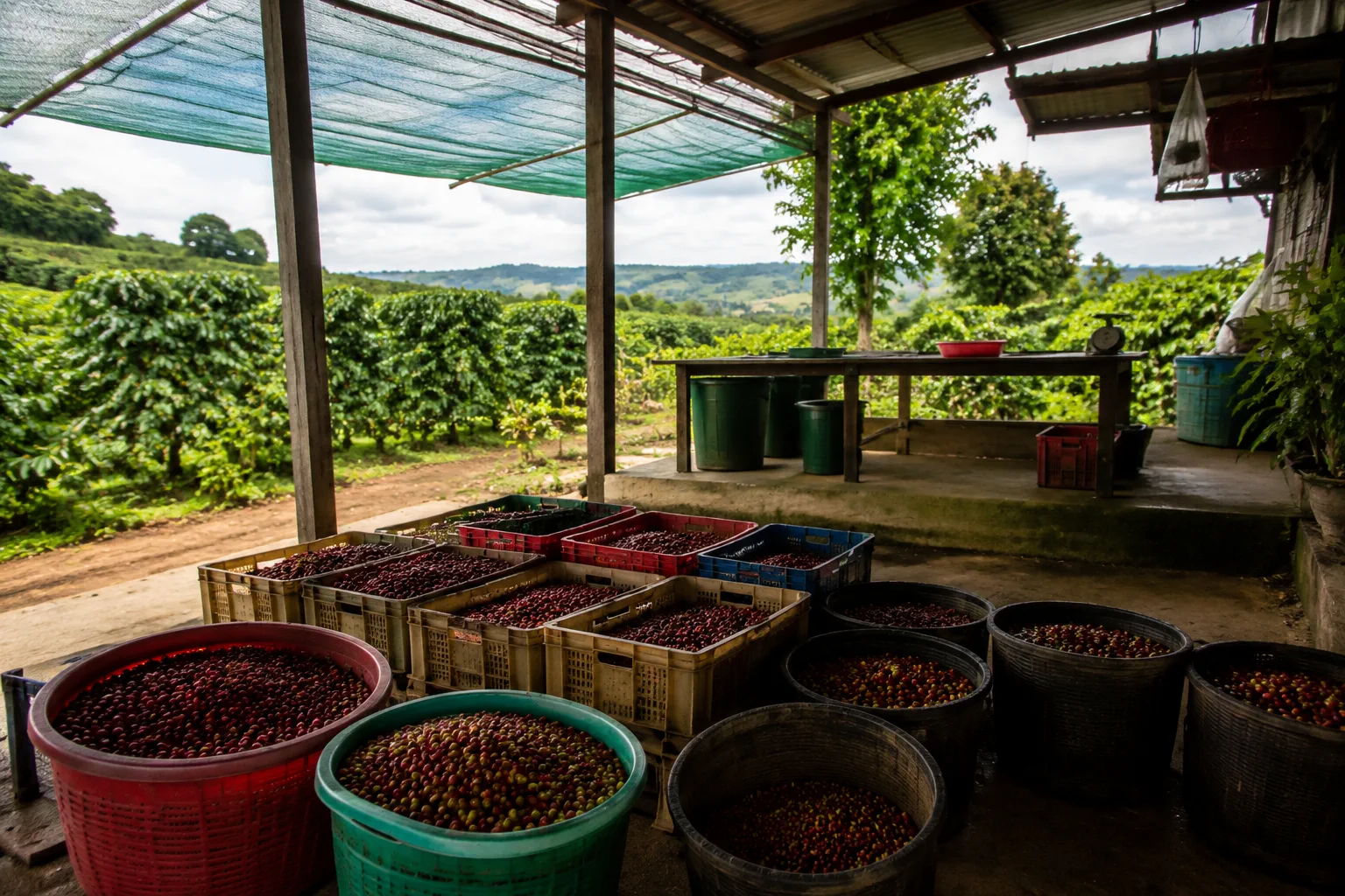 Góc nhìn khu vực tập kết sau thu hoạch tại một farm ở Đắk Nông, thể hiện mối liên hệ giữa không gian sản xuất và khâu đưa nông sản ra ngoài
