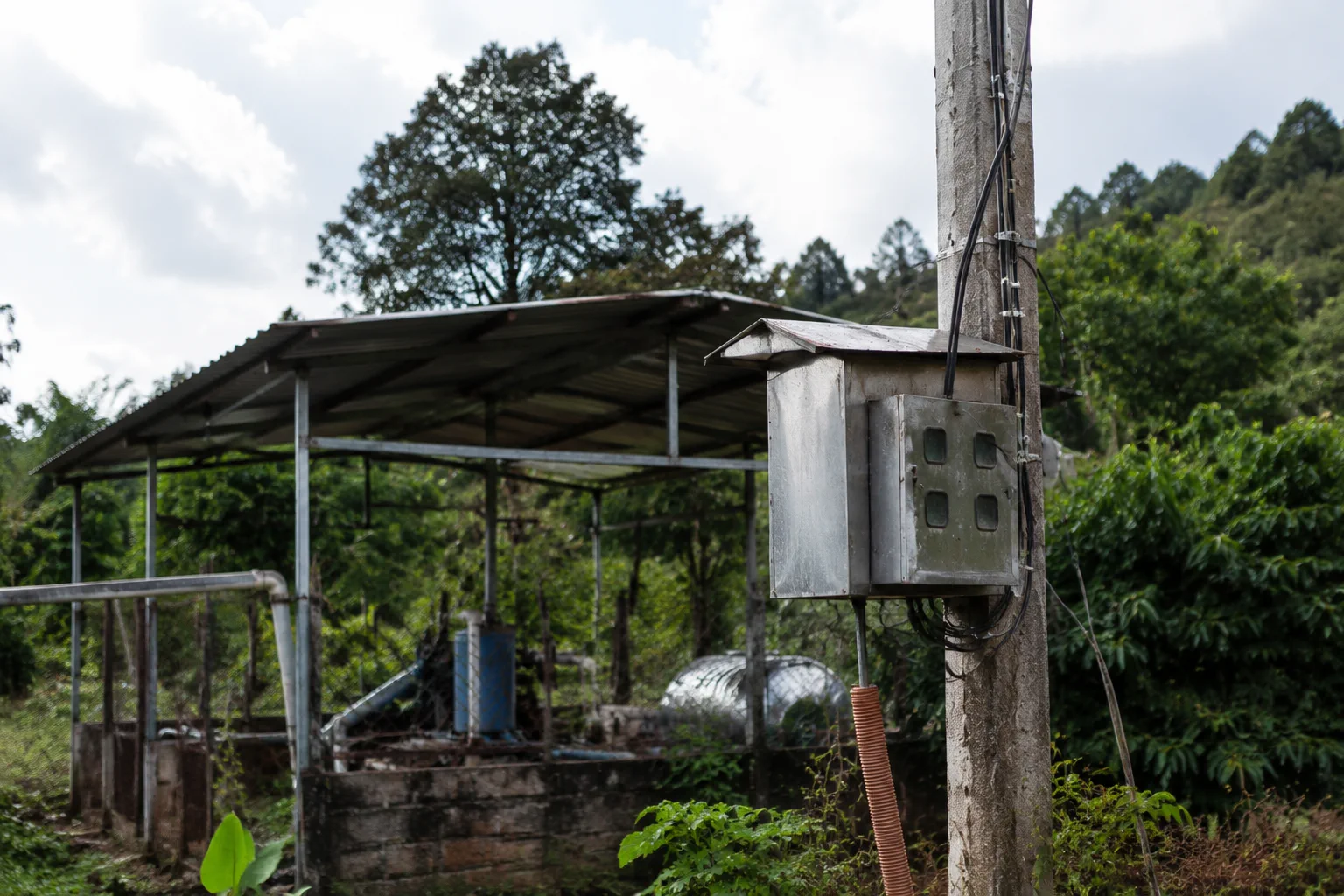 Cận cảnh hệ thống điện phục vụ khu đất farm tại Đắk Nông với các thiết bị vận hành ngoài trời được quan sát trong bối cảnh nông nghiệp thực tế