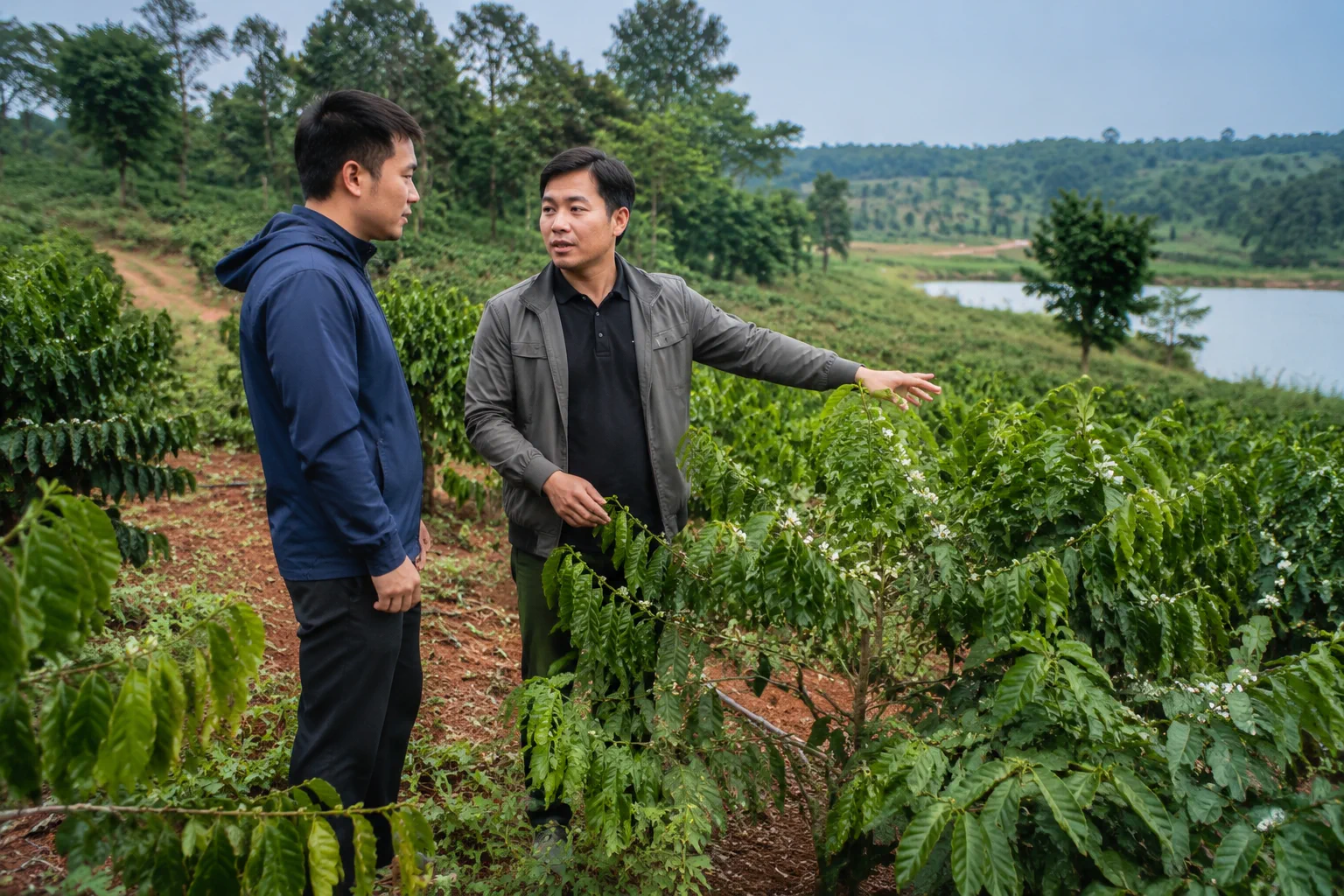 Người mua và chuyên viên hỗ trợ bất động sản kiểm tra hiện trạng một khu đất nông nghiệp tại Đắk Nông bằng cách quan sát cây trồng, khu vực vận hành và điều kiện thực tế trên đất.