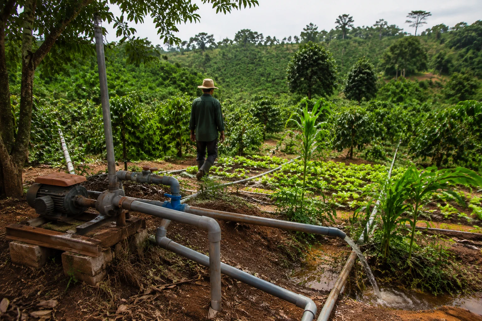 Một người vận hành farm tại Đắk Nông kiểm tra tuyến cấp nước nội bộ và khu vực tưới trong vườn để đánh giá sự ổn định của nguồn nước phục vụ canh tác
