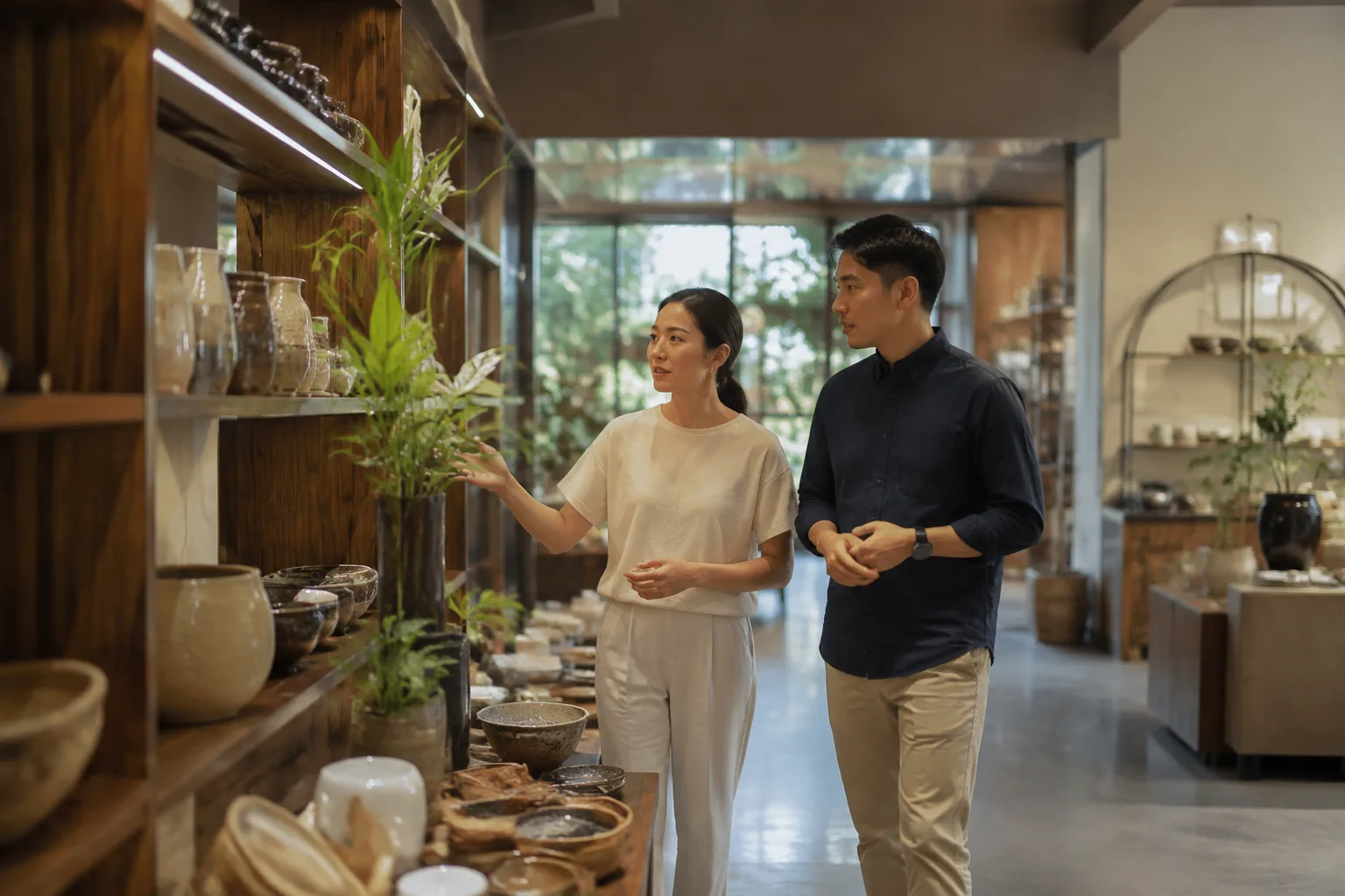 Chuyên viên tư vấn website và chủ doanh nghiệp Việt Nam trao đổi trực tiếp trong không gian trưng bày sản phẩm, tập trung vào việc xác định các điểm chạm khách hàng bằng mô hình vậ