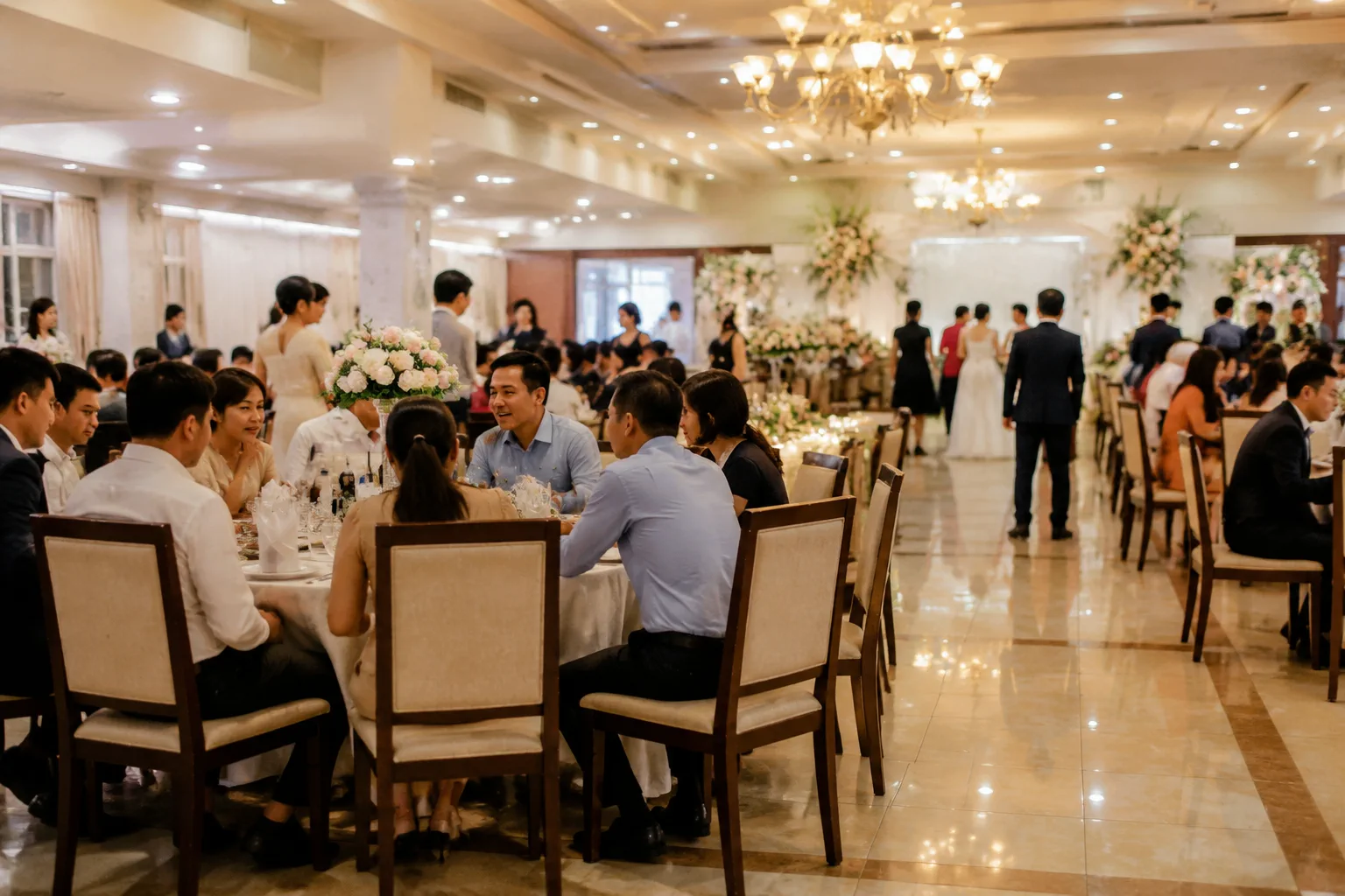 Khách mời tận hưởng không gian tiệc cưới tại nhà hàng với bàn tiệc được bố trí thuận tiện, thể hiện sự kết hợp giữa trang trí và trải nghiệm tham dự
