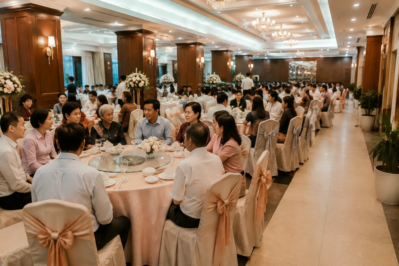 Bàn tiệc cưới Việt Nam được bố trí để khách mời trò chuyện và dùng bữa thoải mái, thể hiện sự cân bằng giữa không gian riêng tư, lối di chuyển và trải nghiệm chung trong buổi tiệc.