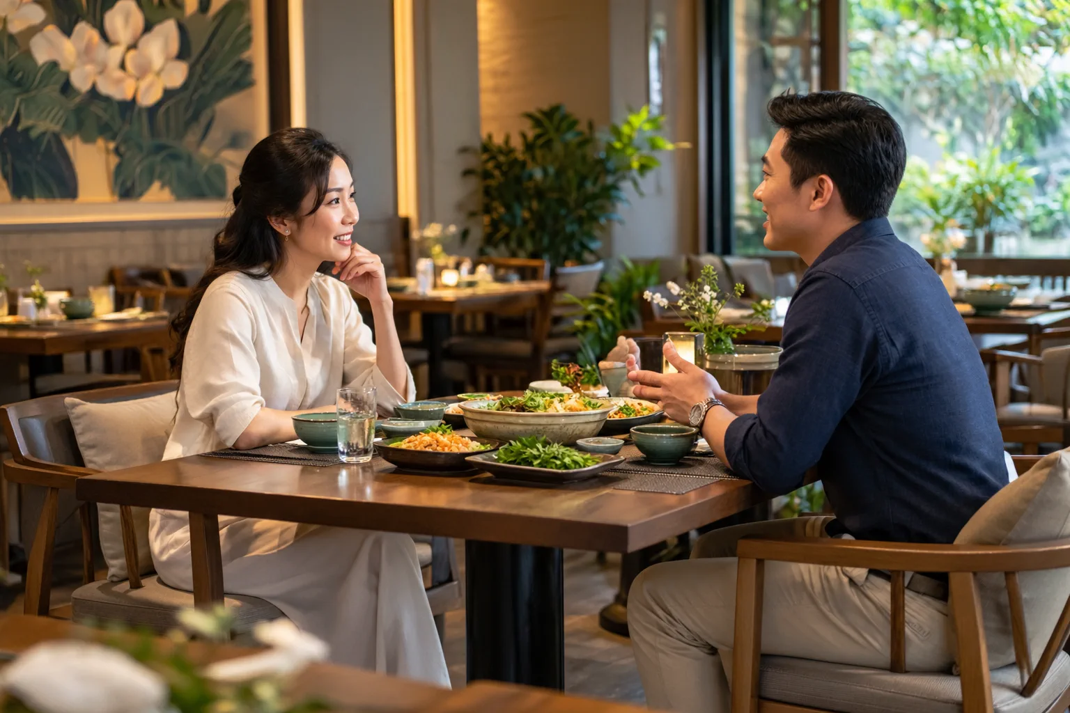 Hai vị khách Việt Nam trò chuyện thoải mái trong bữa ăn tại nhà hàng, thể hiện không gian thuận tiện để trao đổi và kết nối trong buổi tiếp khách.