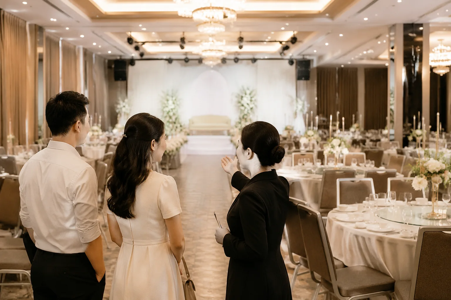 Cô dâu chú rể Việt Nam cùng nhân viên nhà hàng quan sát bố trí sân khấu và khu vực bàn tiệc trong không gian tiệc cưới, thể hiện quá trình đánh giá sự phù hợp giữa không gian và ph