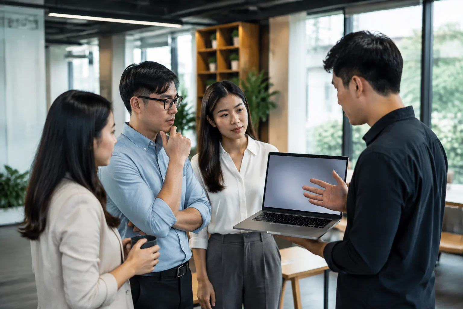Nhóm nhân sự doanh nghiệp Việt Nam trao đổi trực tiếp với chuyên gia thiết kế website trong buổi bàn giao, tập trung vào việc thống nhất cách sử dụng và cập nhật website sau triển