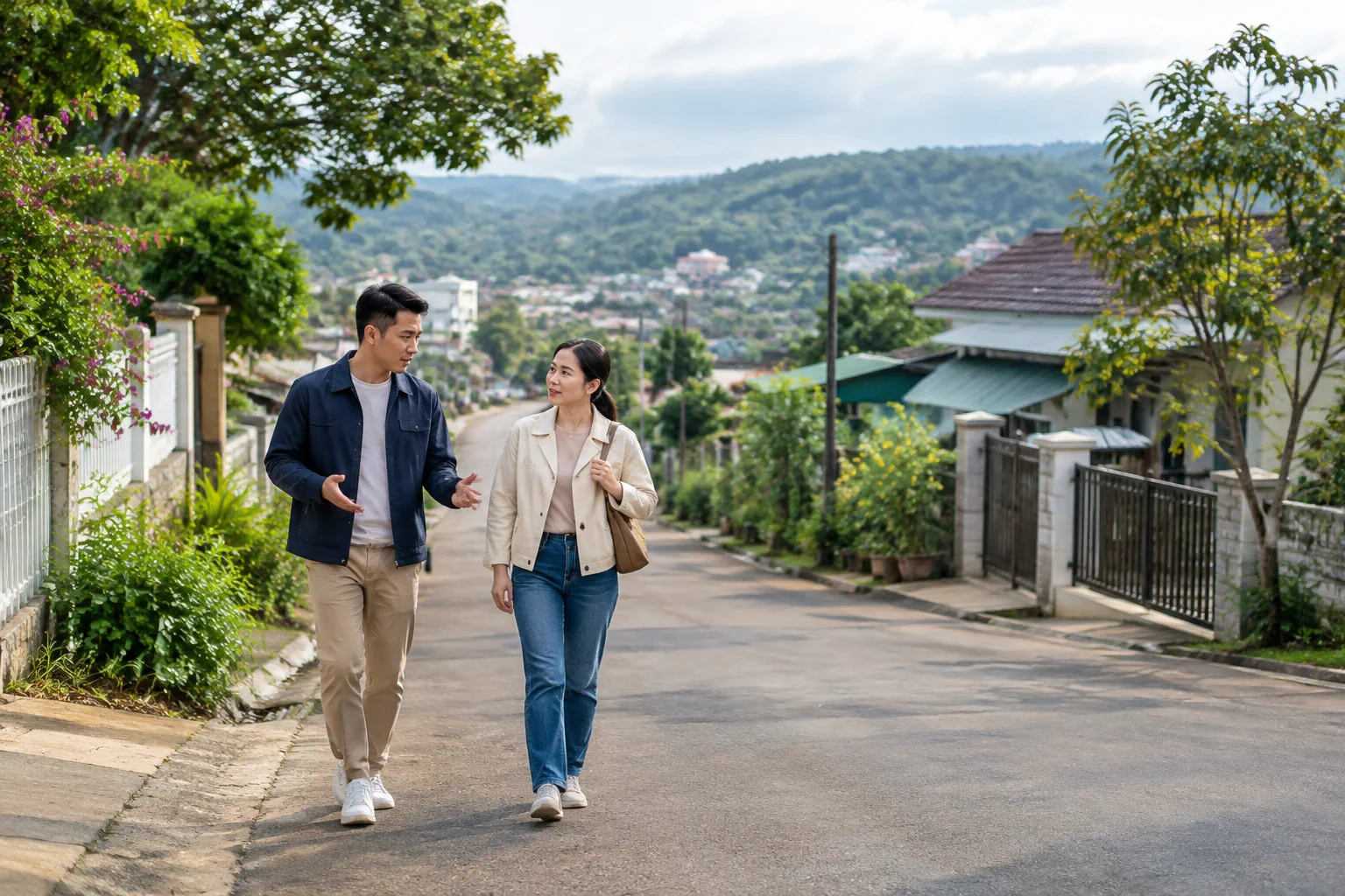 Người mua bất động sản tại Gia Nghĩa trao đổi kế hoạch xem tài sản cùng chuyên viên tư vấn trong một không gian mở gần khu dân cư địa phương, tập trung vào việc xác định nhu cầu sử
