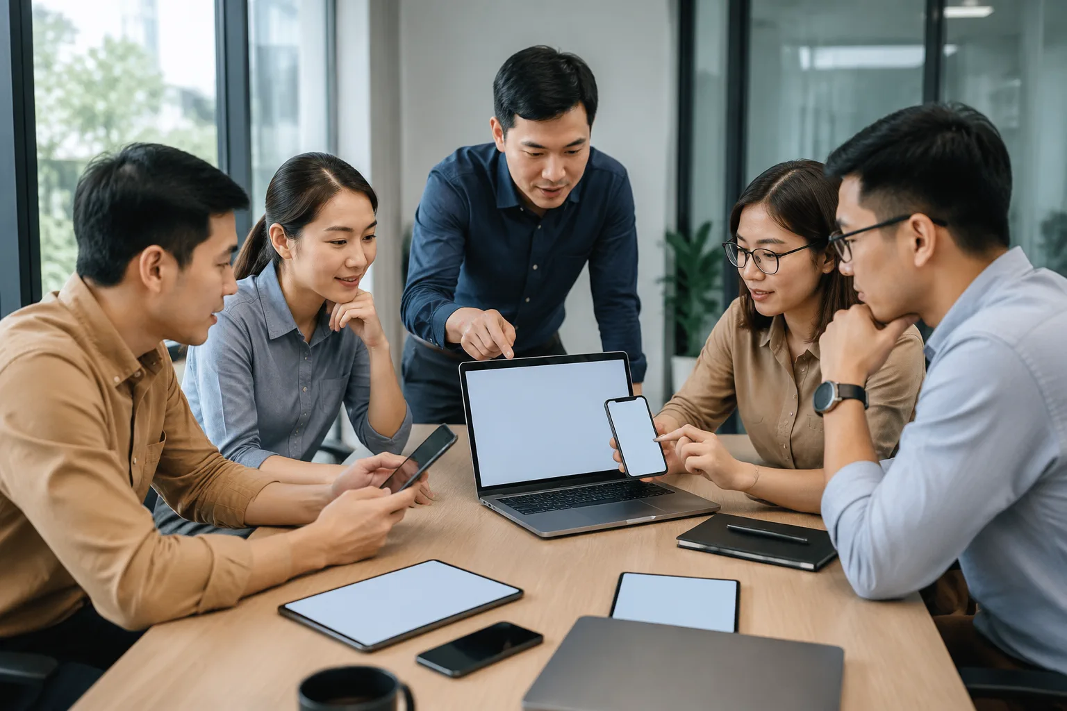 Nhân sự doanh nghiệp kiểm tra website trên nhiều thiết bị trước khi đưa vào vận hành