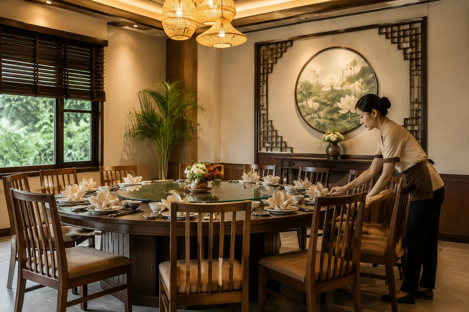 Nhân viên phục vụ nhà hàng Việt Nam đang chuẩn bị khu vực bàn ăn theo nhu cầu của một nhóm khách gia đình, thể hiện sự chuẩn bị trải nghiệm trước khi phục vụ