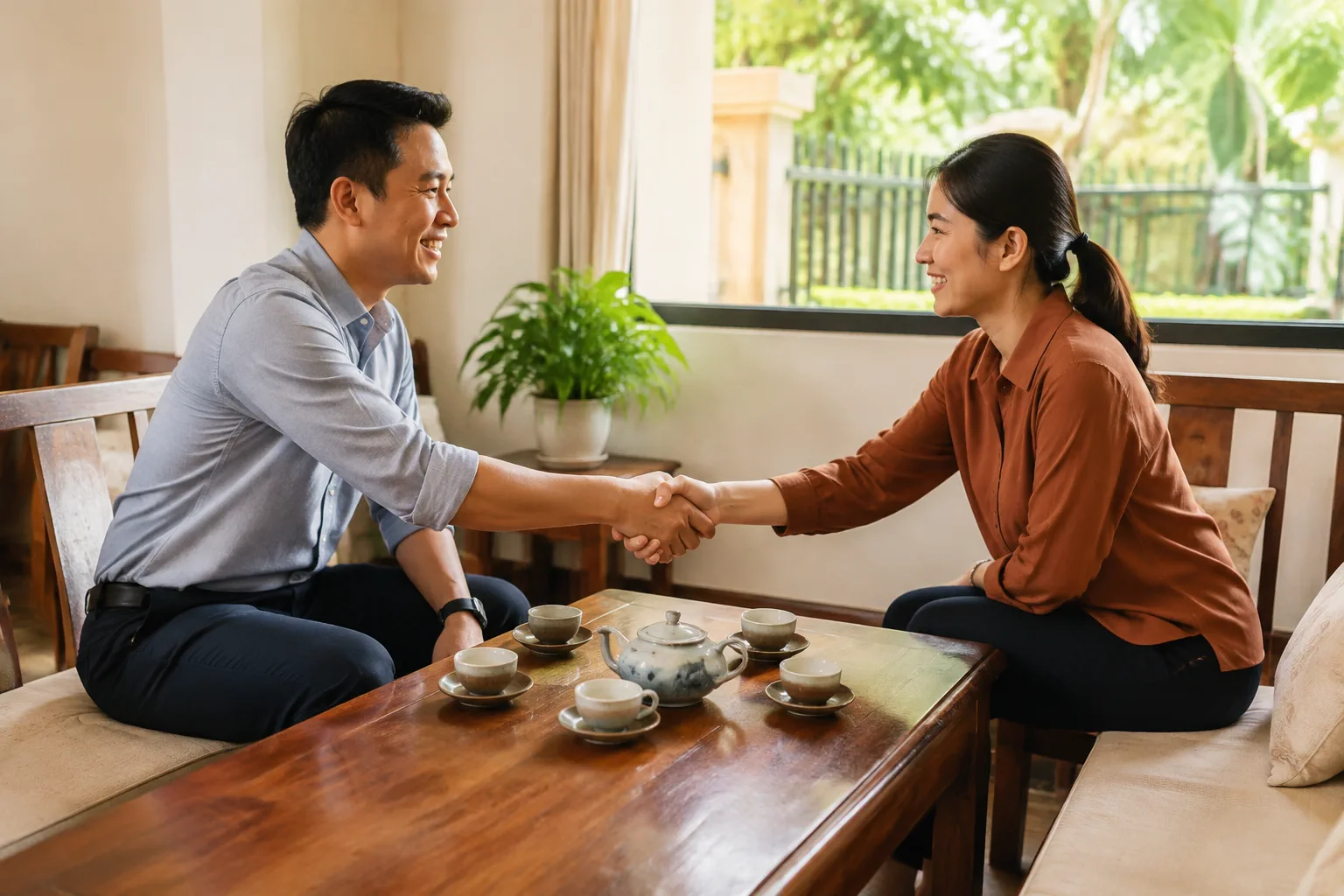 Hai người thực hiện cái bắt tay thống nhất thỏa thuận tại phòng khách một căn nhà ở Gia Nghĩa, thể hiện sự đồng thuận sau khi đã trao đổi kỹ các điều khoản trước khi đặt cọc.