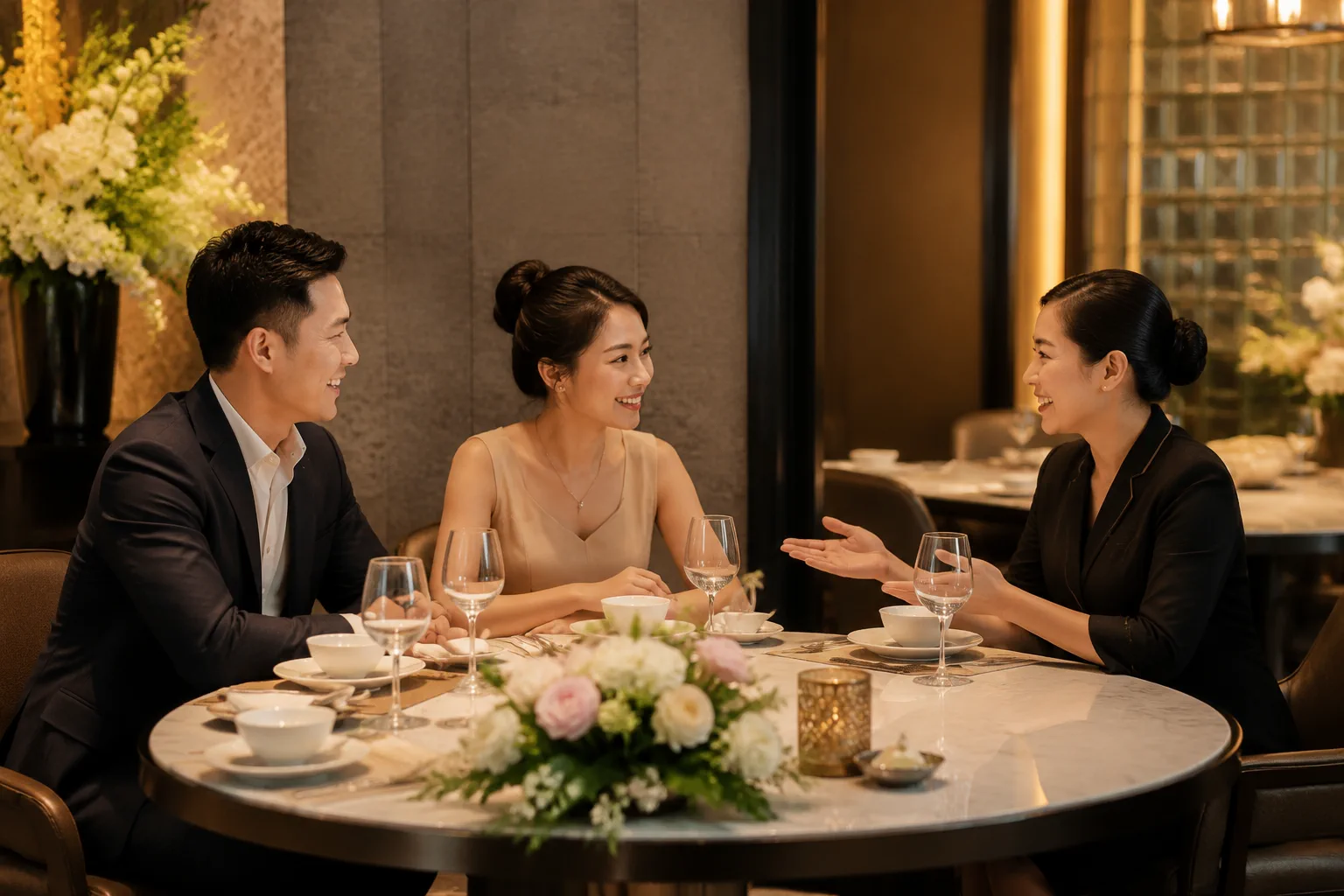 Đội ngũ nhà hàng trao đổi kế hoạch tiệc cưới với cặp đôi trong không gian riêng tư, thể hiện quá trình tư vấn và thống nhất các hạng mục tổ chức