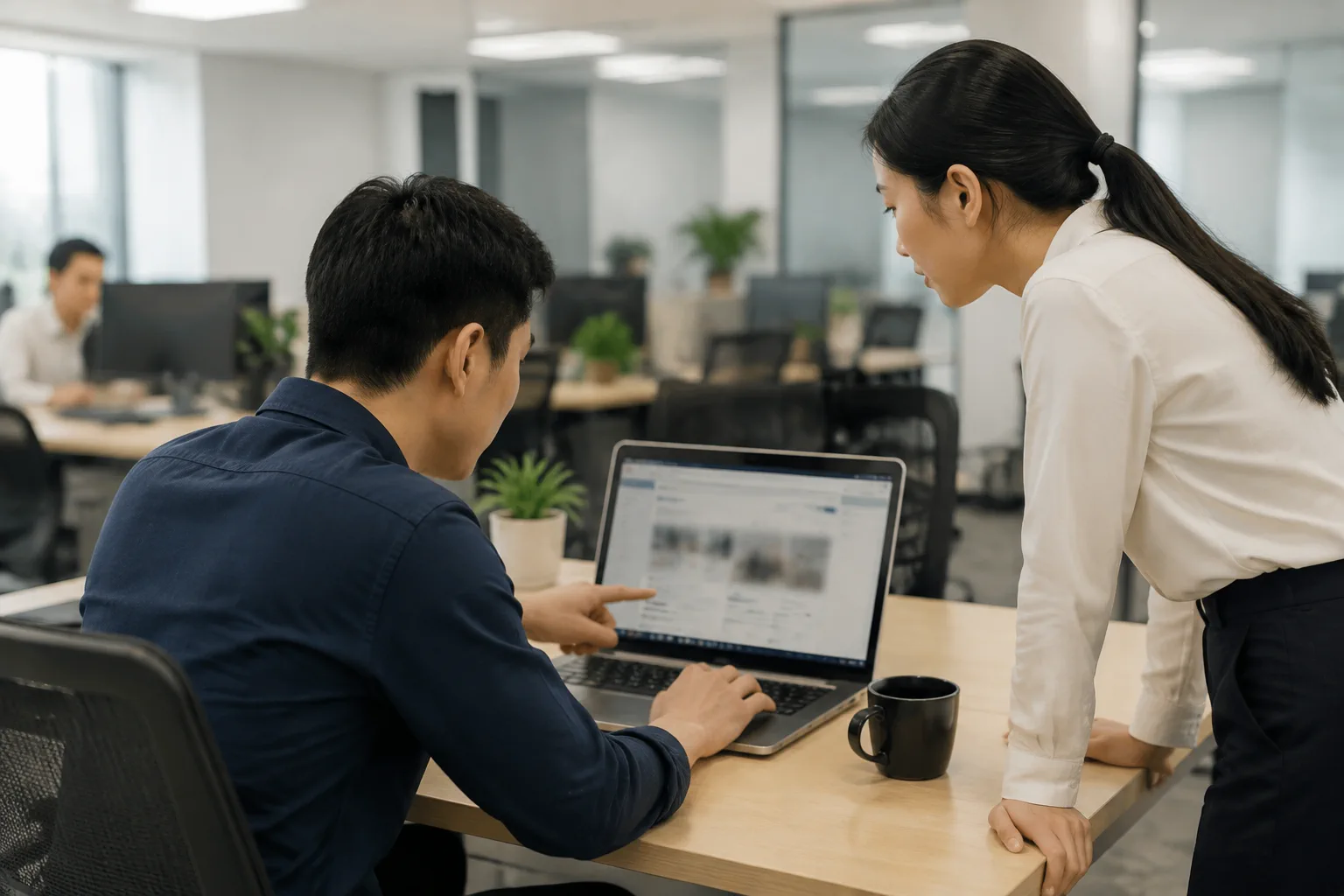 Nhân viên doanh nghiệp Việt Nam kiểm tra trải nghiệm quản trị website sau triển khai trong không gian văn phòng, sử dụng máy tính không hiển thị nội dung để minh họa việc vận hành