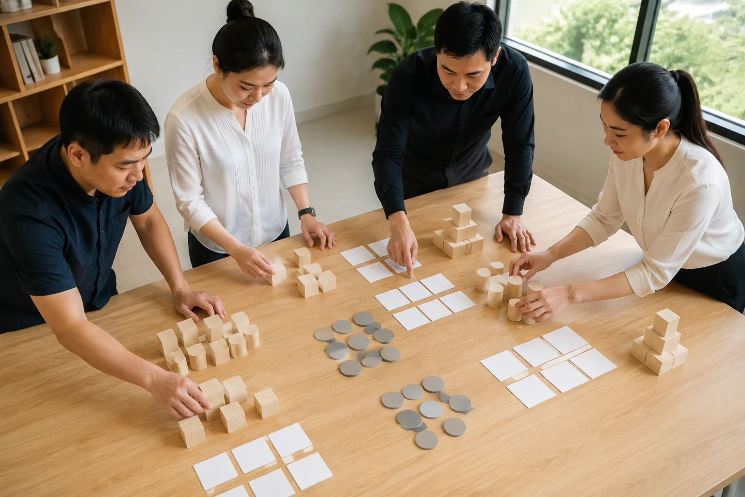 Nhân viên doanh nghiệp Việt Nam sắp xếp các mẫu vật thể trống trong không gian làm việc để phân loại thông tin sản phẩm, dịch vụ và câu hỏi hỗ trợ trước khi xây dựng dữ liệu chatbo