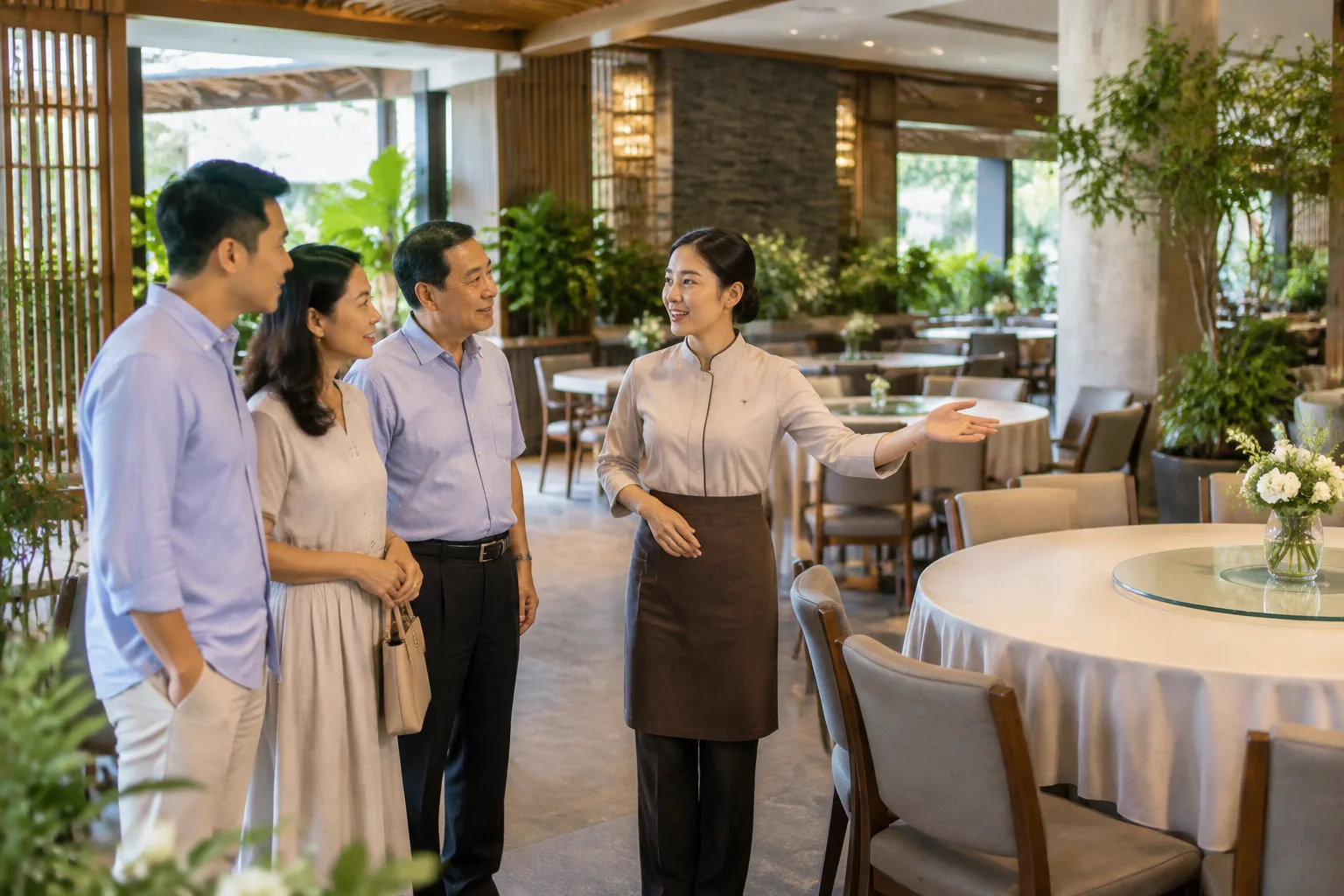 Nhân viên tư vấn nhà hàng và gia đình Việt Nam đang trao đổi về cách sắp xếp món ăn phù hợp cho nhóm khách với không gian bàn ăn được chuẩn bị gọn gàng phía sau.