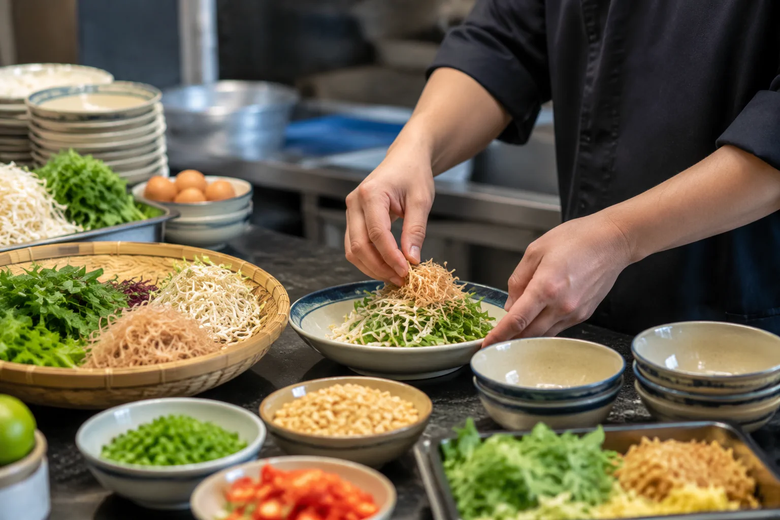 Cận cảnh bàn chuẩn bị món ăn Việt Nam với nhiều thành phần ẩm thực được sắp xếp gọn gàng trên khu vực bếp nhà hàng, thể hiện cách khách tìm hiểu sự lựa chọn món trước khi trao đổi