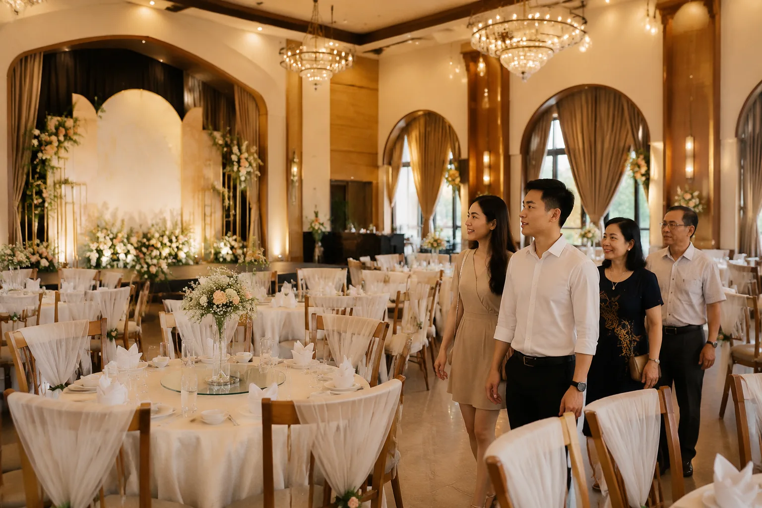 Không gian sảnh tiệc cưới tại nhà hàng ở Gia Nghĩa với bàn tiệc được sắp xếp trang nhã, cô dâu chú rể và gia đình đang tham quan để đánh giá địa điểm trước khi đặt tiệc