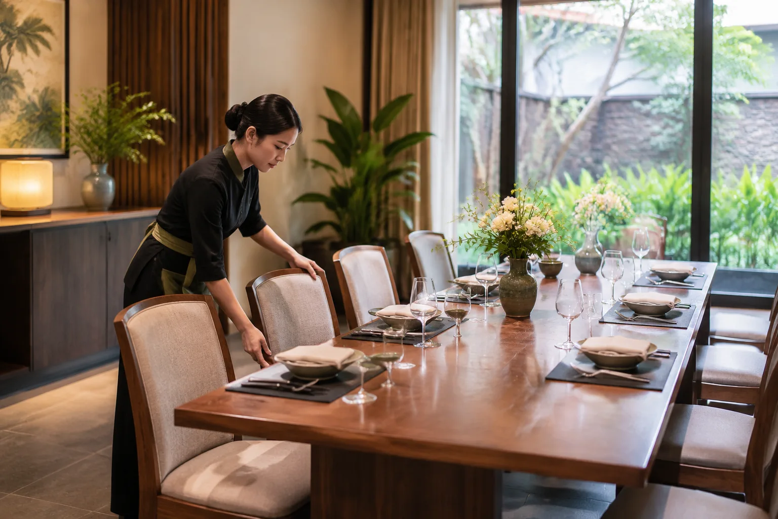 Nhân viên nhà hàng Việt Nam tinh tế điều chỉnh cách sắp xếp bàn ăn trước buổi kỷ niệm gia đình, thể hiện sự chuẩn bị không gian đón khách.