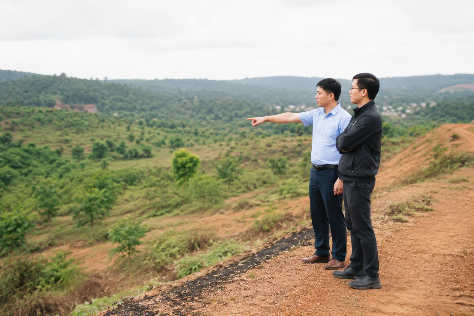 Người tư vấn bất động sản đi cùng khách hàng quan sát khu vực xung quanh một khu đất tại Đắk Nông để xác định các câu hỏi cần kiểm tra trước khi ký thỏa thuận đặt cọc.