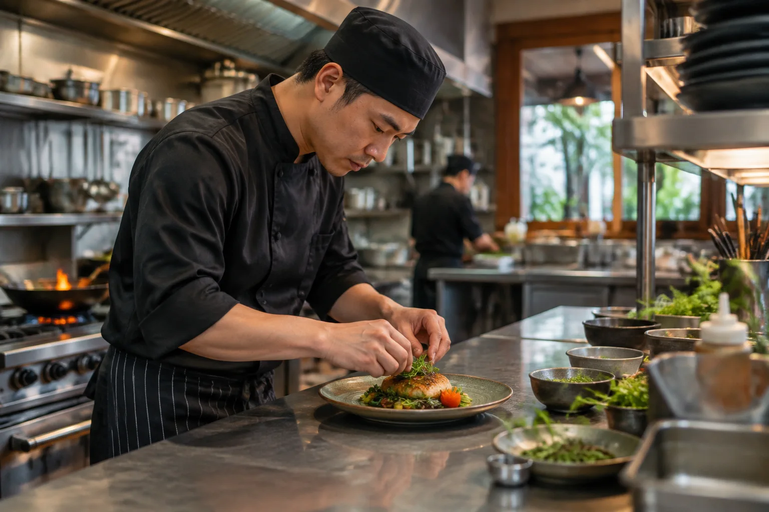 Đầu bếp nhà hàng Việt Nam đang hoàn thiện phần trình bày món ăn trong khu vực bếp mở sạch sẽ, thể hiện sự chuẩn bị món ăn trước khi phục vụ trải nghiệm ẩm thực cho khách du lịch.