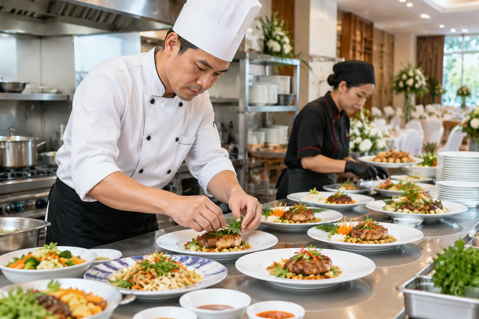 Đầu bếp nhà hàng Việt Nam đang hoàn thiện phần trình bày món ăn trong khu vực bếp mở, nhân viên phục vụ quan sát và chuẩn bị món cho tiệc cưới, thể hiện quá trình cân nhắc món chín