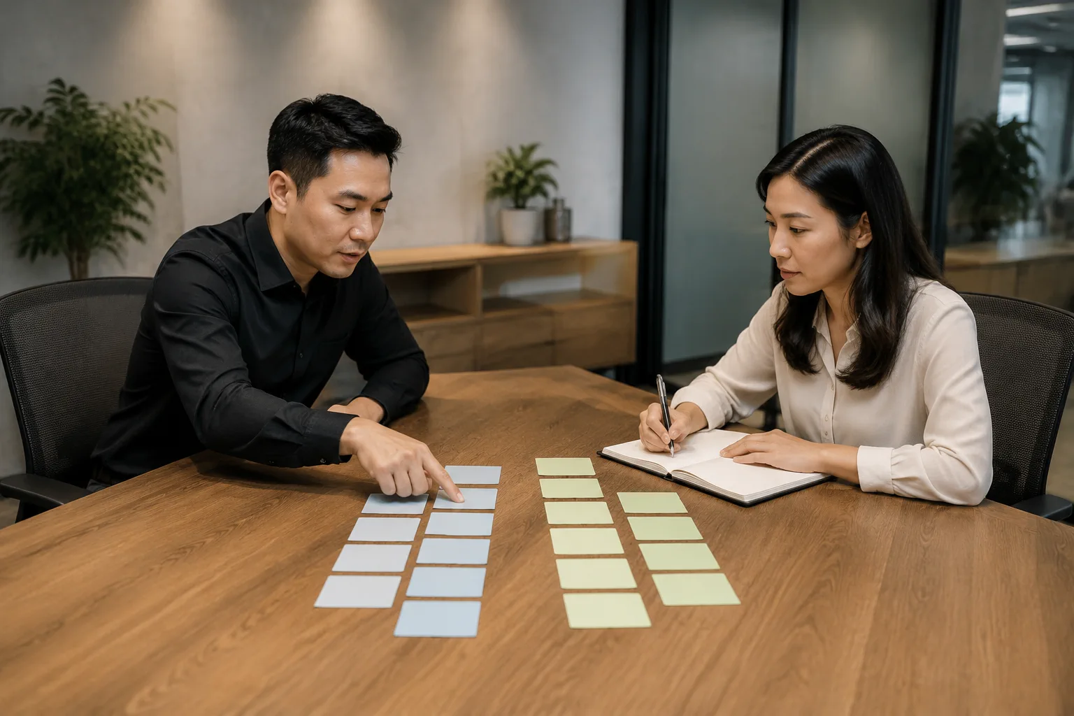 Hai nhân sự doanh nghiệp Việt Nam đối chiếu hai bộ thẻ phân loại trên mặt bàn rộng, thể hiện quá trình lập bảng mapping và đối chiếu cấu trúc cũ với cấu trúc mới khi chuyển đổi web