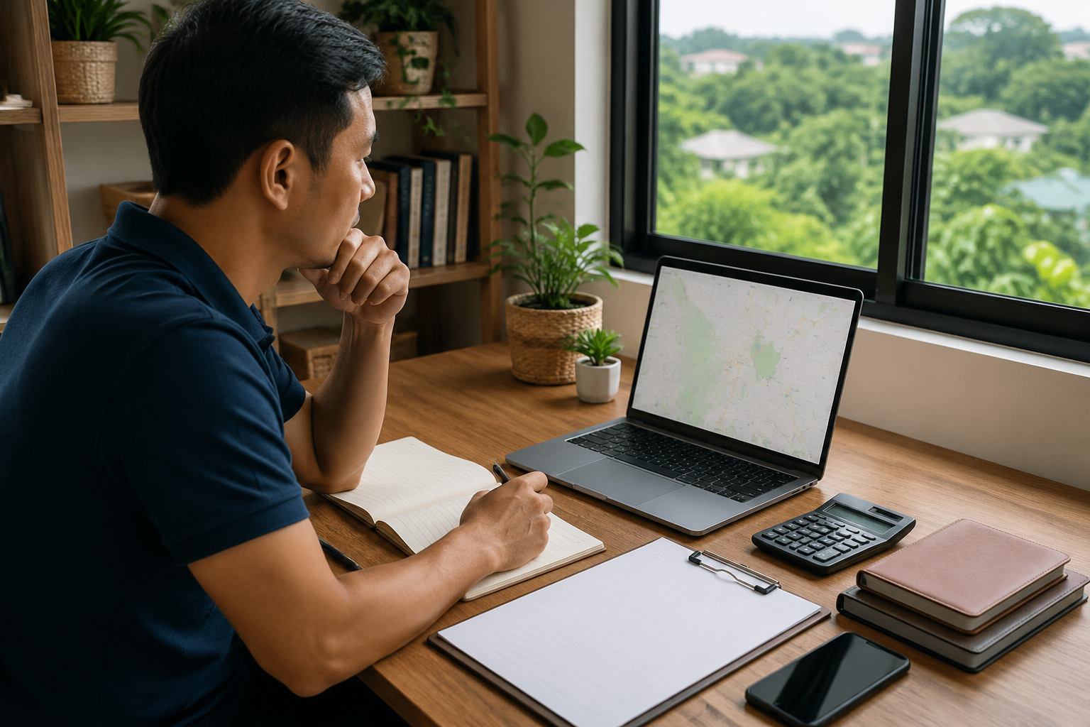 Người mua bất động sản đang ngồi lập kế hoạch ngân sách trước khi đi xem đất tại Gia Nghĩa, trên bàn có sổ ghi chú, bản đồ khu vực và máy tính xách tay, không khí tư vấn tài chính