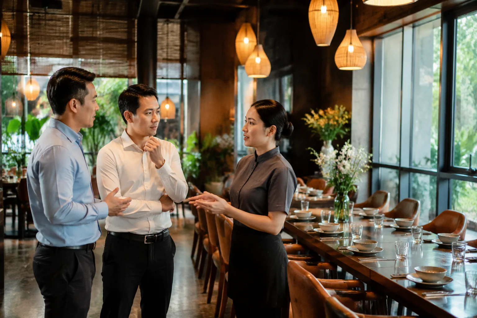 Nhân viên nhà hàng Việt Nam trao đổi trực tiếp với nhóm đại diện công ty tại khu vực bàn ăn về cách sắp xếp không gian và phục vụ tiệc, thể hiện sự phối hợp chuẩn bị giữa doanh ngh