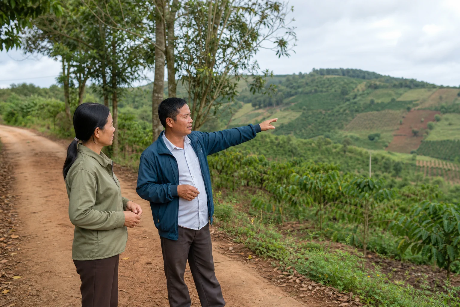 Hai người trao đổi tại khu vực ven đường nông thôn Đắk Nông về các thông tin cần làm rõ trước khi khảo sát đất, thể hiện việc đặt câu hỏi và đối chiếu nguồn thông tin trong quá trì